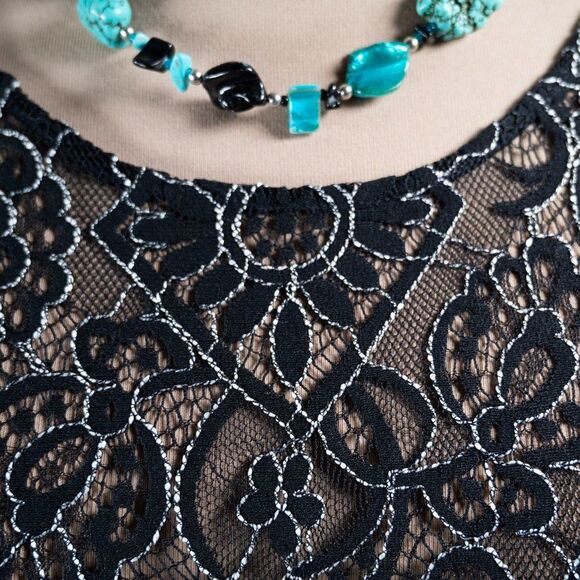 LOFT Black Floral Sheer Lace Black Cold Shoulder Top - Picture 7 of 10